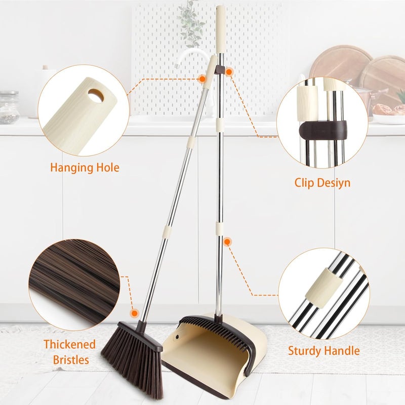 OOOFLOWER Broom and Dustpan Set, Dustpan Combo with 51" Stainless Steel Long Handle Brooms with 5-Layer Soft Bristles for Home Office Kitchen Bathroom(Beige) - Image 3